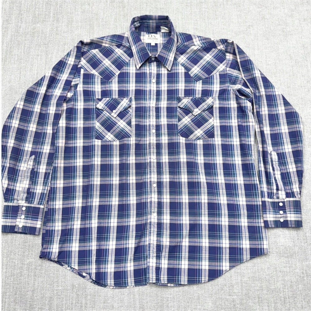 Ely Cattleman Mens XL Navy Pink Plaid Pearl Snap Western Shirt Yoke Pockets